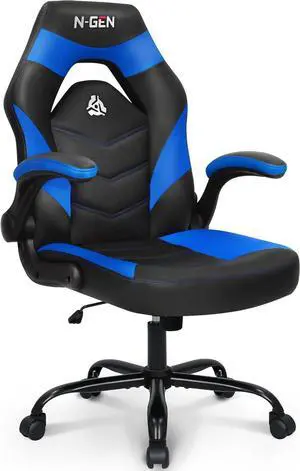 N-GEN Video Gaming Chair Ergonomic Computer Desk Office Chair with Lumbar Support Adjustable Height Swivel Wheels Flip-Up Arms PU Leather Home and Office (Blue)