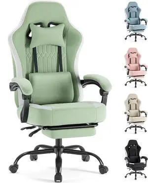 Sweetcrispy Computer Gaming Chair - High Back Ergonomic Desk Chair with Footrest and Lumbar Support, Height Adjustable Task Chair with Linkage Armrests and Headrest, 360° Swivel Wheels, Green