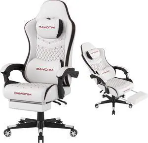 Gaming Chair,Ergonomic Computer Gaming Chair,400lb Load-Bearing,Retractable Footrest/Waist Support/Ergonomic Backrest[Spring + 4D Sponge] (White)