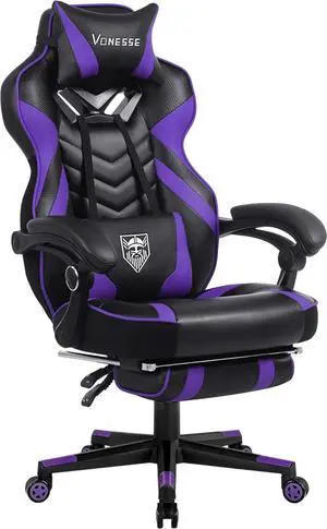 Vonesse Gaming Chair for Adults,Computer Chair with High Back,Big and Tall Gaming Chairs with Footrest and Massage,Reclining Gamer Chair(Purple/Black)