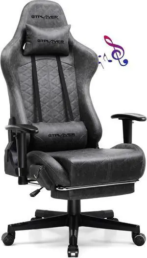 GTPLAYER Gaming Chair With Bluetooth Speakers, High Back Ergonomic Office Desk With Lumbar Support, Height Adjustable, Footrest, 330LBS, Grey