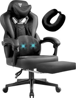 Gaming Chair PRO, Ergonomic Gaming Chairs for Adults Heavy People, Massage Reclining Office Desk Computer Chair with Footrest and Lumbar Support, Big Tall Mesh Gamer Chair with Cushion (Black)