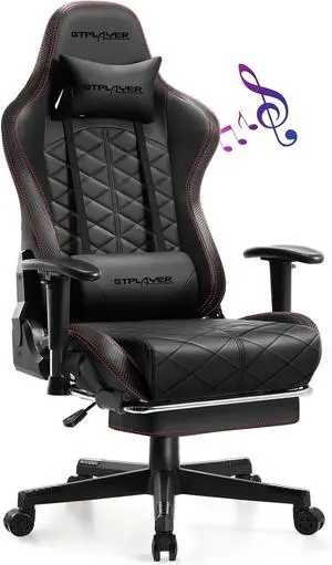 GTPLAYER Gaming Chair With Bluetooth Speakers, High Back Ergonomic Office Desk Chair, Lumbar Support, Height Adjustable, Footrest, 330LBS, Black Red