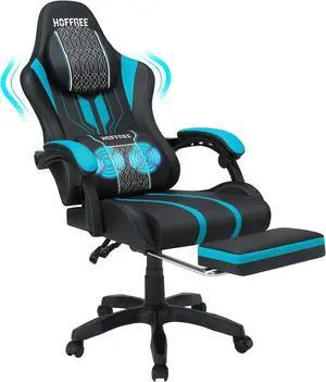 HOFFREE Gaming Chair Massage Big and Tall Video Game Chair for Adults 400lbs Computer Gaming Chair with Footrest for Heavy People Reclining Gaming Chairs Blue and Black