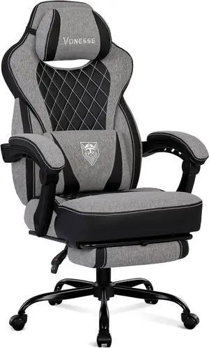 Vonesse Gaming Chair, Reclining Fabric Gaming Chairs for Adults 250LBS, Office Chair with Pocket Spring Cushion, Computer Chair with Footrest and Massage Lumbar Support (Grey)