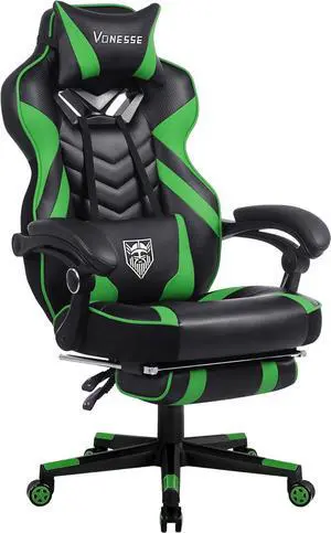 Vonesse Gaming Chair for Adults,Computer Chair with High Back,Big and Tall Gaming Chairs with Footrest and Massage,Reclining Gamer Chair(Green/Black)