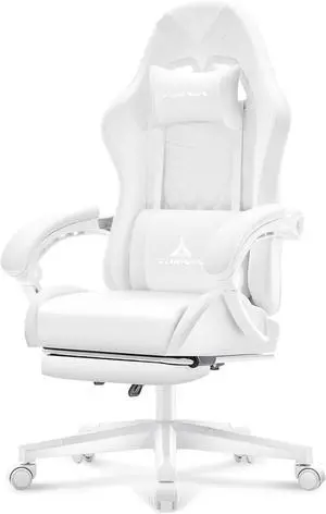 White Gaming Chair,Ergonomic Massage Computer Office Desk Chair with Footrest,Pocket Spring Cushion,Reclining Leather Adjustable Gamer Chair with Headrest and Lumbar Support,White