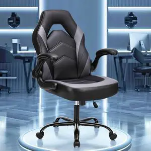 OLIXIS Computer Gaming Desk Chair - Big and Tall Ergonomic Comfy Lumbar Support with Flip-up Armrest and 360° Swivel Wheels, PU Leather Height Adjustable Video Game, for Home and Office, Grey