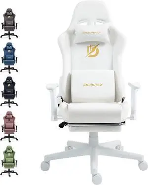 Dowinx Gaming Chair with Suede Fabric, Ergonomic Computer Chair with Massage Lumbar Support and Footrest, High Back Reclining Game Office Chair for Adults, Ivory