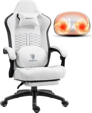 Dowinx Gaming Chair with Heated Massage Lumbar Support, Ergonomic Gaming Computer Chairs with Footrest and Pocket Spring Cushion, Big and Tall PC Gamer Chair for Adult, 330lbs, White