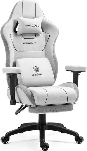 Dowinx Gaming Chair Linen Fabric with Pocket Spring Cushion, Ergonomic Computer Chair with Massage Lumbar Support and Footrest, Comfortable Reclining Game Office Chair 300lbs for Adult and Teen, Grey