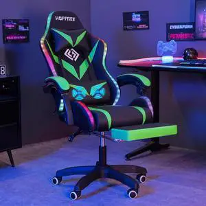 HOFFREE Gaming Chair with LED RGB Lights Massage Ergonomic Video Game Chairs with Footrest High Back Reclining Computer Chair with Adjustable Lumbar Support Green and Black