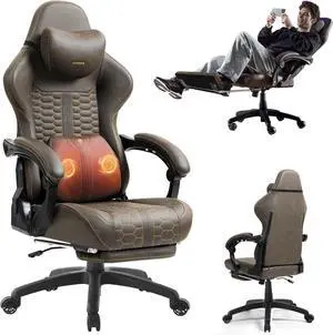 Dowinx Gaming Chair for Adults with Dual-Point Massage, Ergonomic Racing Style Game Chair Footrest, High Back Computer Chair 360° Swivel for Office,400LBS, Brown