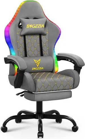Bigzzia Gaming Chair with RGB LED Lights, High Back Ergonomic Computer Gamer Chair, Video Game Chair for Adult & Kids Racing Reclining Game Chairs with Footrest, Lumbar Support & Headrest (Gray)