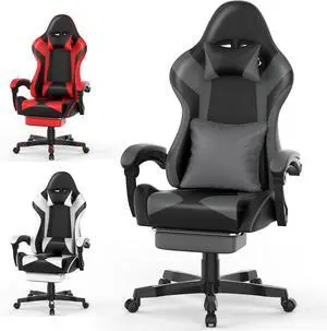 Soontrans Grey Gaming Chairs with Large Mouse Pad, Ergonomic Computer Office Chair with Lumbar Cushion, Reclining PU Leather Gamer Chair with Footrest for Adults, High Back Video Game Chair