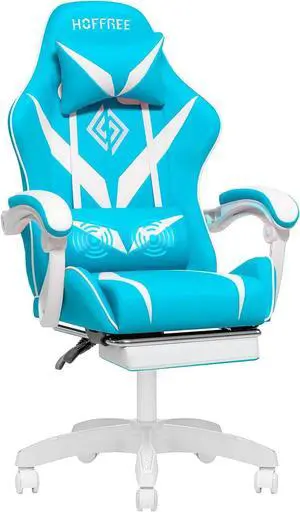 HOFFREE Massage Gaming Chair for Kids Computer Gamer Chair with Footrest and Lumbar Support Reclining PC Game Chair with Headrest for Gaming Room Light Blue and White