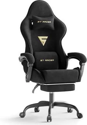 Ferghana Velvet Fabric Ergonomic Gaming Chair with Footrest and Massage, High Back Reclining Computer Gamer Chair for Adult, Racing Style PC Video Game Chair Suitable for Home Office (Black)