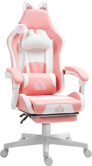 HOMCOM Racing Gaming Chair with Cat Ears, Reclining Faux Leather Computer Chair with Footrest, Lumbar Support and Headrest, Height Adjustable Gamer Chair with Swivel Seat and Wheels, Pink