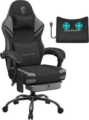 Gaming Chair, Fabric Computer Chair with Massage, Office Chair with Pocket Spring Widened Cushion, High Back Ergonomic Chair with Footrest Lumbar Support Upgraded Metal Legs 350LBS (Grey)