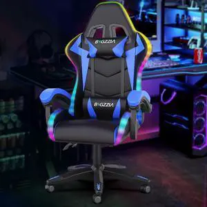 Bigzzia Gaming Chair with RGB LED Lights, High Back Ergonomic Computer Gamer Chair with Headrest and Lumbar Support, Racing Style Reclining Game Chair for Adults, Kids(Black/Blue)