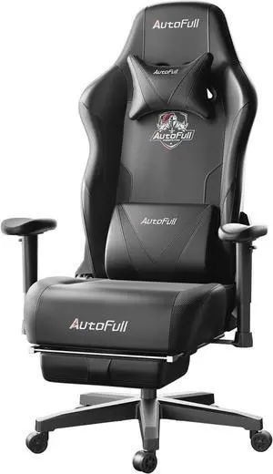 AutoFull Gaming Chair, Ergonomic Wingless Cushion Computer Chair, PU Leather Racing Style Office Chair with Lumbar Support Pillow and Footrest, Dark