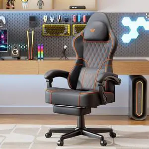 Soontrans PU Leather Gaming Chair with Footrest,High Back Ergonomic Computer Gamer Chair,Comfortable Video Game Chair with Massage Lumbar Cushion, Racing Office Desk Chair for Adult Dark Grey