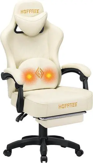 HOFFREE Gaming Chair with Massage Lumbar Leather Computer Gaming Chair for Adults Reclining Gamer Chair with Footrest Video Game Chairs with Linkage Armrests Ivory