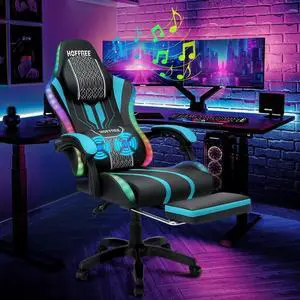 HOFFREE LED Gaming Chair with Speakers Massage Big and Tall Computer Gaming Chairs Ergonomic Reclining Heavy Duty Game Chair with Footrest Blue and Black