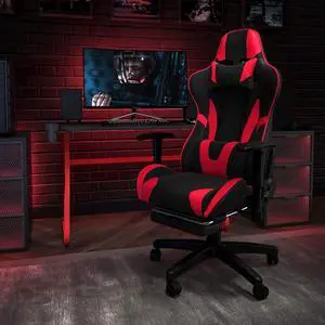 Flash Furniture Red Gaming Desk and Red/Black Footrest Reclining Gaming Chair Set with Cup Holder and Headphone Hook