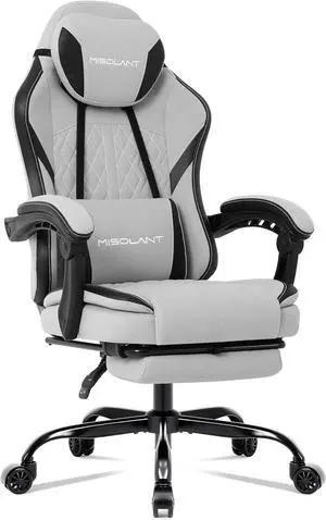 Misolant Gaming Chair, Fabric Gamer Chair with footrest for Adults, High Back Ergonomic Computer Game Chair with Adjustable Headrest and Massage Lumbar Support, 90-155° Recline Free, Gray