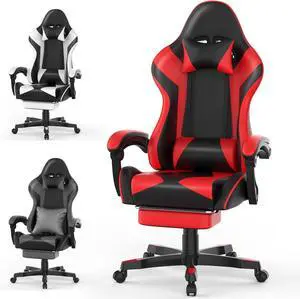 Soontrans Red Gaming Chair with Large Mouse Pad, Ergonomic Computer Office Chair with Wider Seat Cushion, Reclining PU Leather Gamer Chair with Footrest for Adults, High Back Video Game Chair