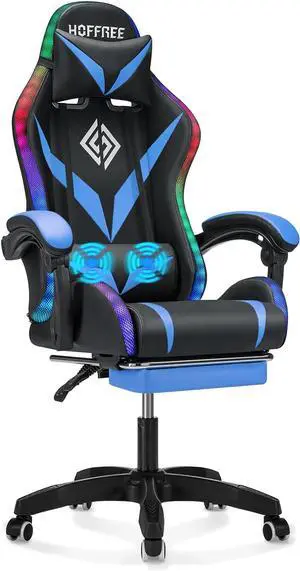 RGB Gaming Chair with Massage and LED Lights Ergonomic Video Game Chairs with Footrest High Back Reclining Computer Chair with Adjustable Lumbar Support Blue and Black