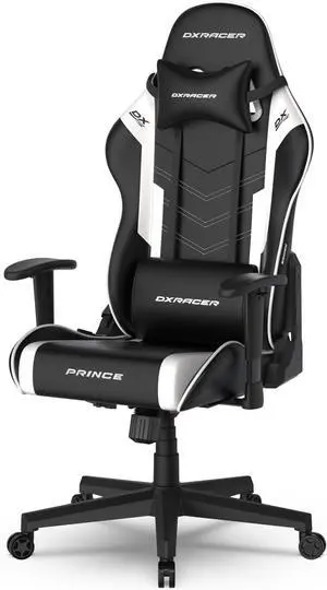 DXRacer Prince Series L Gaming Chair - Reclining, Ergonomic & Comfortable Computer Chair with 2D Armrest, Wing-Shaped Seat Base & Headrest Pillow Faux Leather Black & White