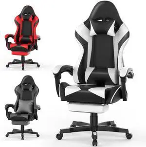 Soontrans White Gaming Chair with Large Mouse Pad, Ergonomic Computer Office Chair with Headrest, Reclining PU Leather Gamer Chair with Footrest for Adults, High Back Video Game Chair