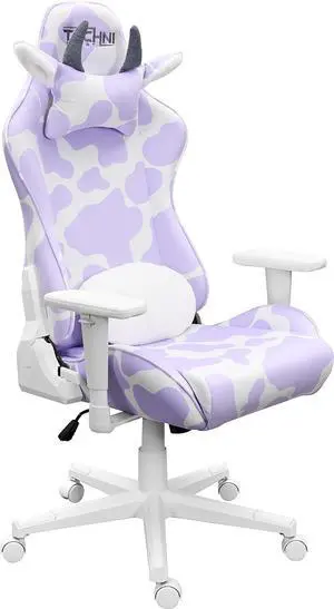 Techni Sport Gaming Chair - Lavender Purple Cow Print - Ergonomic Office Computer Chair with Memory Foam, Lumbar Support, Cow Headrest Pillow, 300 Lbs Capacity