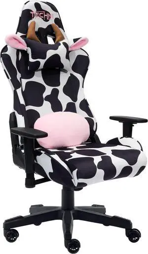Techni Sport Gaming Chair - Black White Cow Print - Ergonomic Office Computer Chair with Memory Foam, Lumbar Support, Decorative Horns & Ears, 300 Lbs Capacity