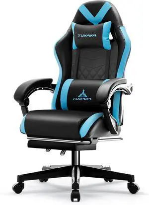 Gaming Chair,Ergonomic Massage Computer Office Desk Chair with Footrest,Pocket Spring Cushion,Reclining Leather Adjustable Gamer Chair with Headrest and Lumbar Support,Blue