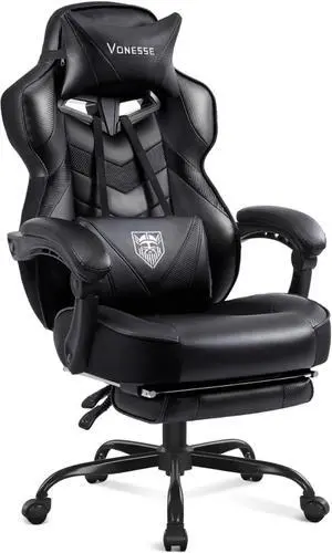 Vonesse Gaming Chair, Computer Chair with Footrest and Massage, Big and Tall High Back Gamer Chair, Reclining Gaming Chairs for Adults (Classic Black)