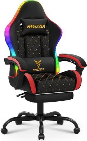 Bigzzia Gaming Chair with RGB LED Lights, High Back Ergonomic Computer Gamer Chair, Video Game Chair for Adult & Kids Racing Reclining Game Chairs with Footrest, Lumbar Support & Headrest (Black/Red)