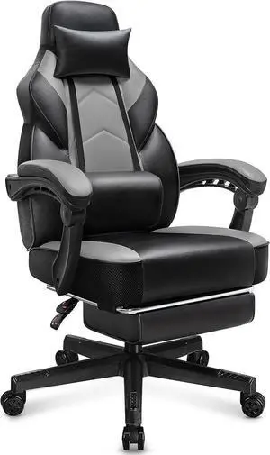 Meilocar Gaming Chair for Adult, Computer Chair with Footrest Video Game Chair Big and Tall Gaming Chair with Massage Lumbar Support, 360° Swivel Seat and Height Adjustable(Grey)