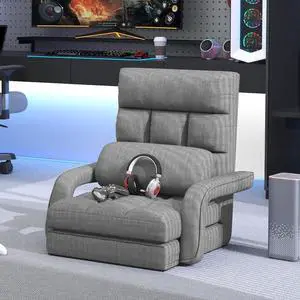Floor Gaming Chair, 6 Position Adjustable Indoor Chaise Lounge for Teens Adults, Padded Folding Sofa with Armrests and Pillow, Comfy Chair for Meditation, Reading, Light Grey