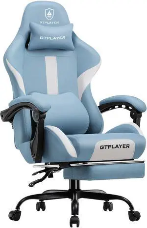 GTRACING Gaming Chair Ergonomic Office Chair with Foot Rest & Pocket Spring Cushion, High Back Computer Desk Chair with Headrest & Lumbar Support, Breathable Fabric Game Chair for Adults, Blue