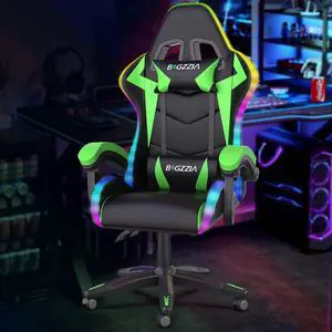 Gaming Chair with RGB LED Lights, High Back Ergonomic Computer Gamer Chair with Headrest and Lumbar Support, Racing Style Reclining Game Chair for Adults, Kids (Green-Black)