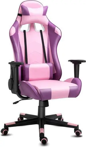 Modern-Depo Gaming Chair with Headrest and Lumbar Support, Height Adjustable Swivel Office Chair, High-Back Recliner, Purple Pink