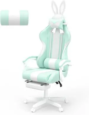 Ferghana Kawaii Light Green Gaming Chair with Bunny Ears, Ergonomic Cute Gamer Chair with Footrest and Massage, Racing Reclining Leather Computer Game Chair for Girls Adults Teens Kids
