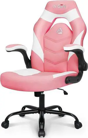 N-GEN GAMING Video Gaming Chair Ergonomic Office Desk Chair with Lumbar Support Adjustable Height Padded Flip Up Arms and Swivel Wheels Racing Style Design for Adults with PU Leather (Pink)