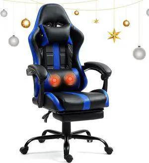 Massage Gaming Chair with Footrest, Ergonomic PU Leather Computer Chair w/Headrest and Lumbar, Height Adjustable, 360° Swivel Desk Office Chair, Blue