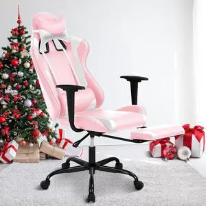 Pink Gaming Chair with Footrest, PU Leather Gaming Chairs for Adults, High Back Comfy Office Chair Ergonomic Desk Chair Computer Chair, Reclining Gamer Chair, Height & Backrest Adjustable, 300 Lbs