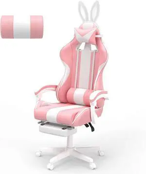 Ferghana Kawaii Bunny Ears Gaming Chair, Cute Gamer Chair with Footrest and Massage, Leather Ergonomic Computer Game Chair for Girls Adults Teens Kids Pink