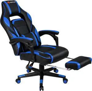 POWERSTONE Gaming Chair Adjustable High Back PU Computer Chair with Footrest Massage Lumbar Support Headrest Thick Armrest Rolling Swivel Desk Chair, Navy Blue